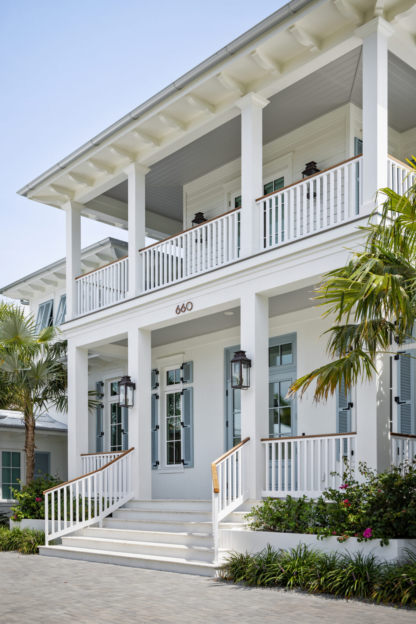 Two-story porches and entry stair of Harbor House