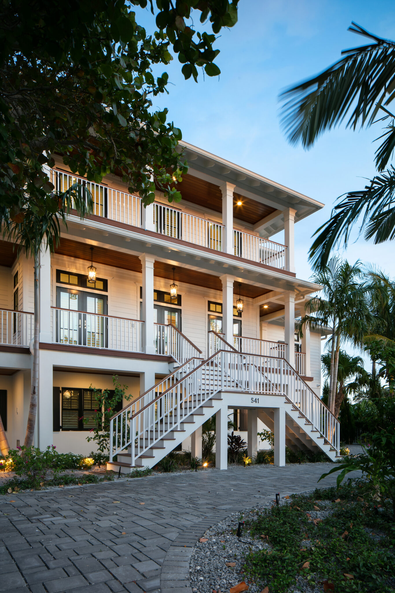 Side view of Coastal Haven's stacked porches and stair