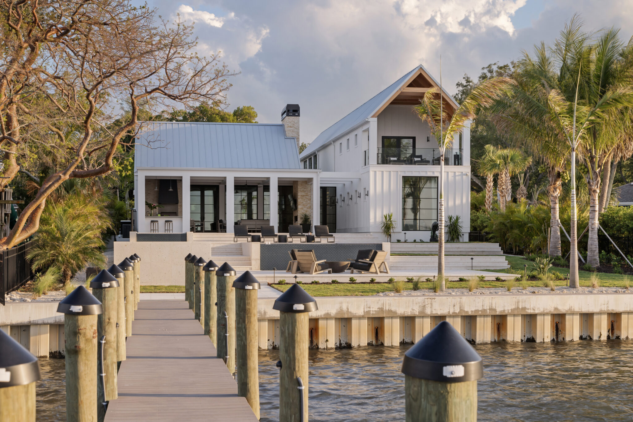 Modern River House from its dock on the Manatee River