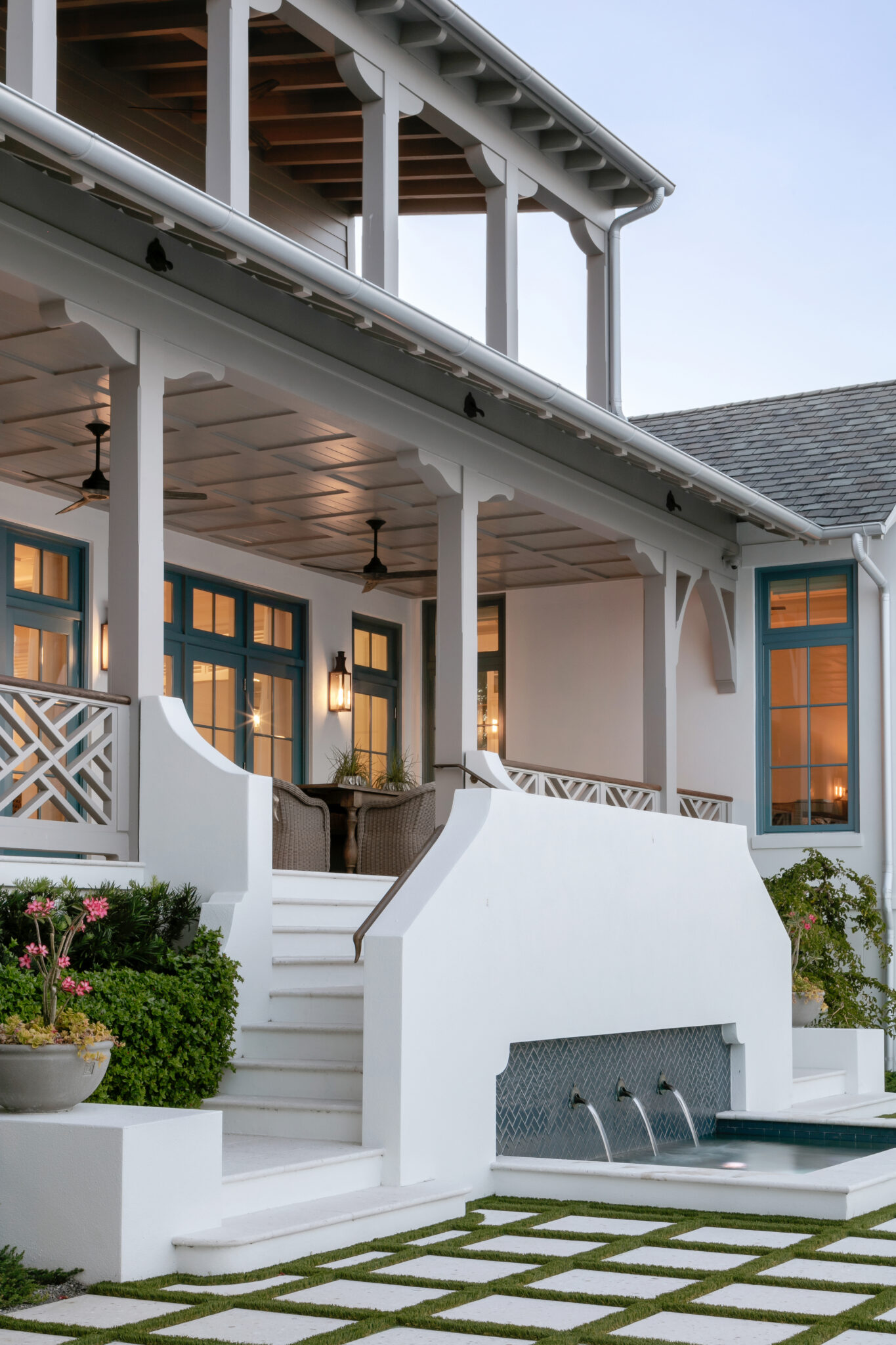 Two-story rear porch and outdoor stair at Blue Heron