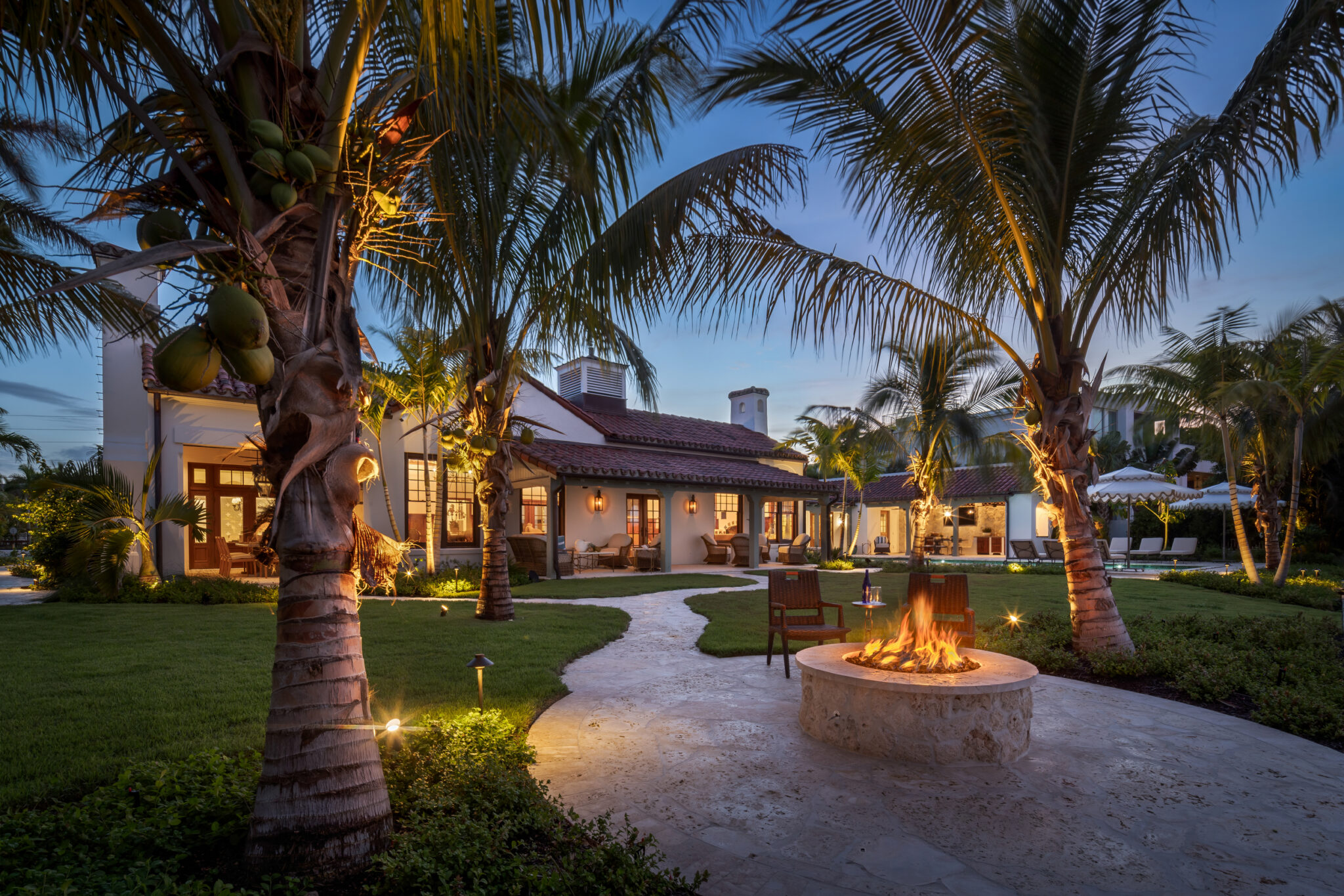 Garden path and fire pit on the lawn of the Van Wezel Estate