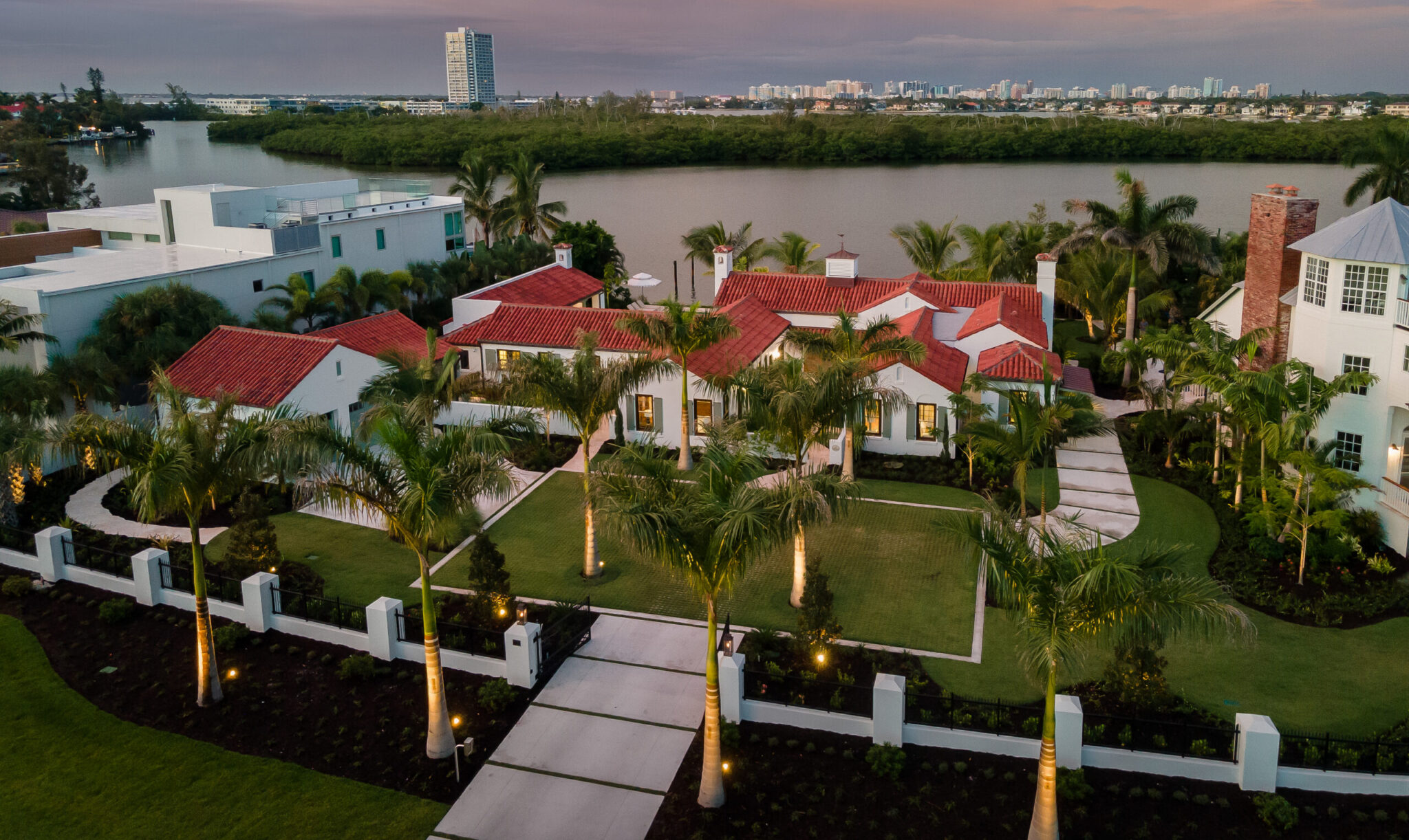 Aerial view of the Van Wezel Estate's red barrel-tile roofs, palms and gardens on Lido Key