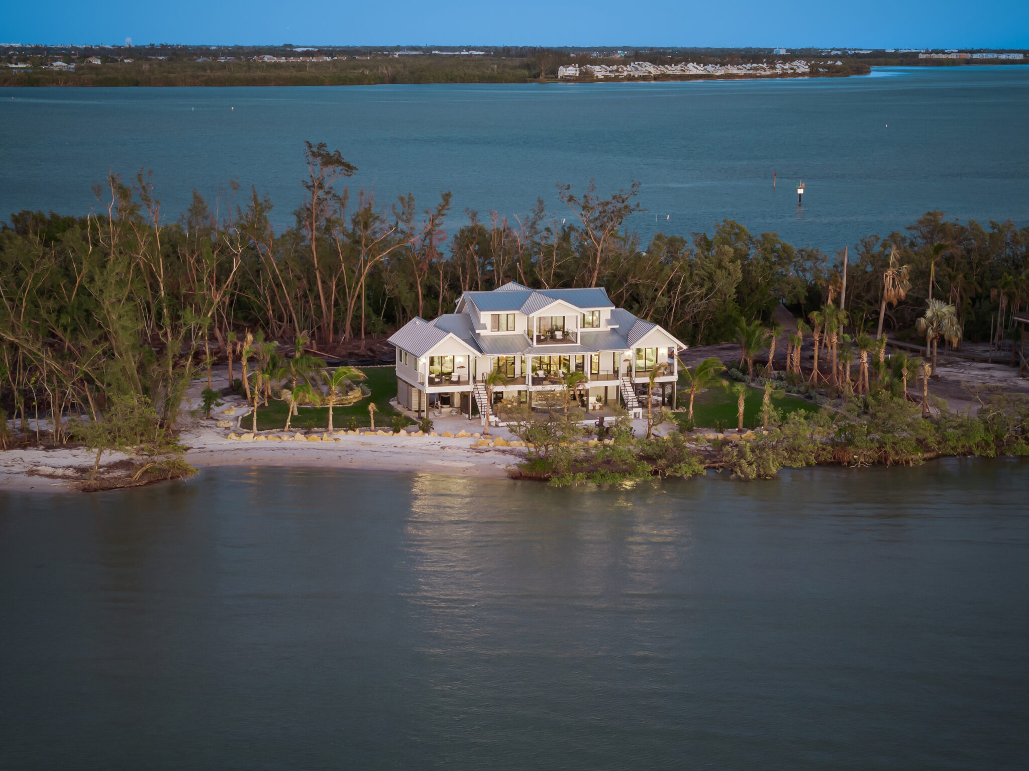 Aerial of the island home on the edge of Sarasota Bay