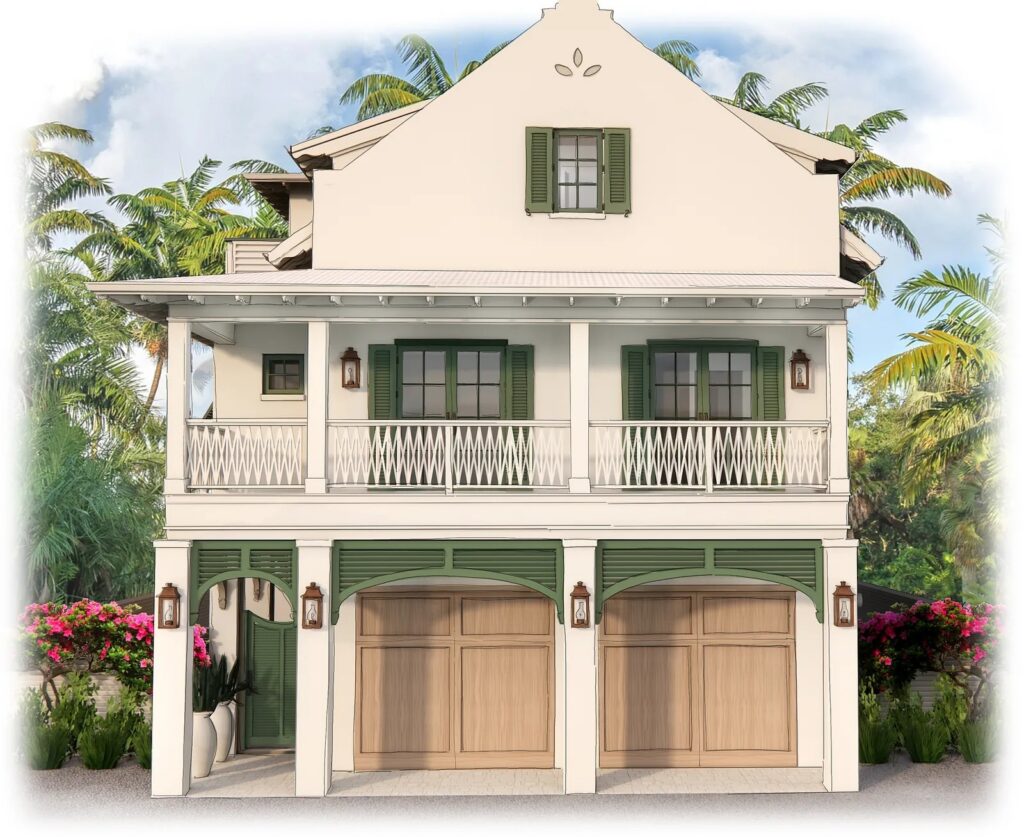 Rendering of Anna Maria Coastal, a three-level coastal home with green shutters, white railings and a two-car garage, by Fresh Eyes Design