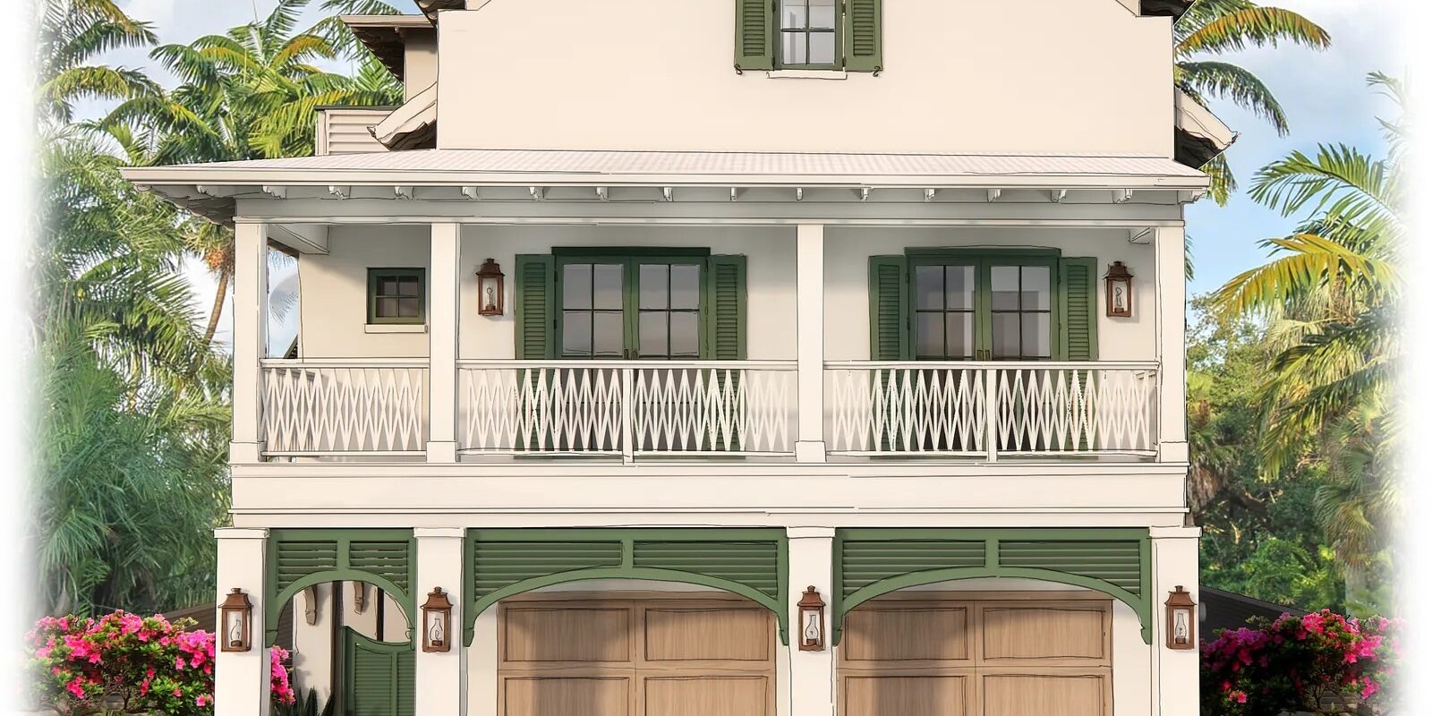 Rendering of Anna Maria Coastal, a three-level coastal home with green shutters, white railings and a two-car garage, by Fresh Eyes Design