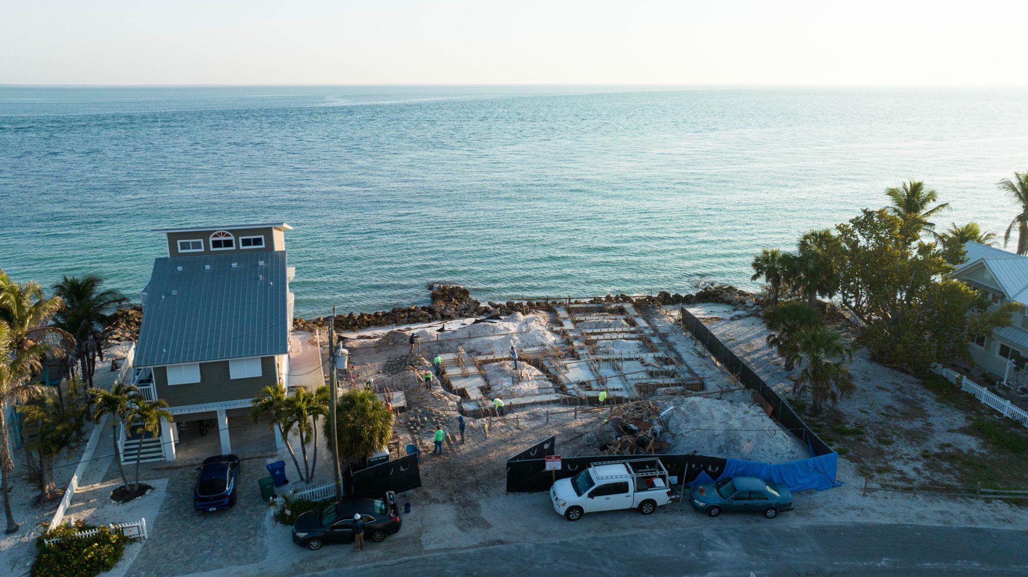 Aerial view from the street of the crew forming the foundation