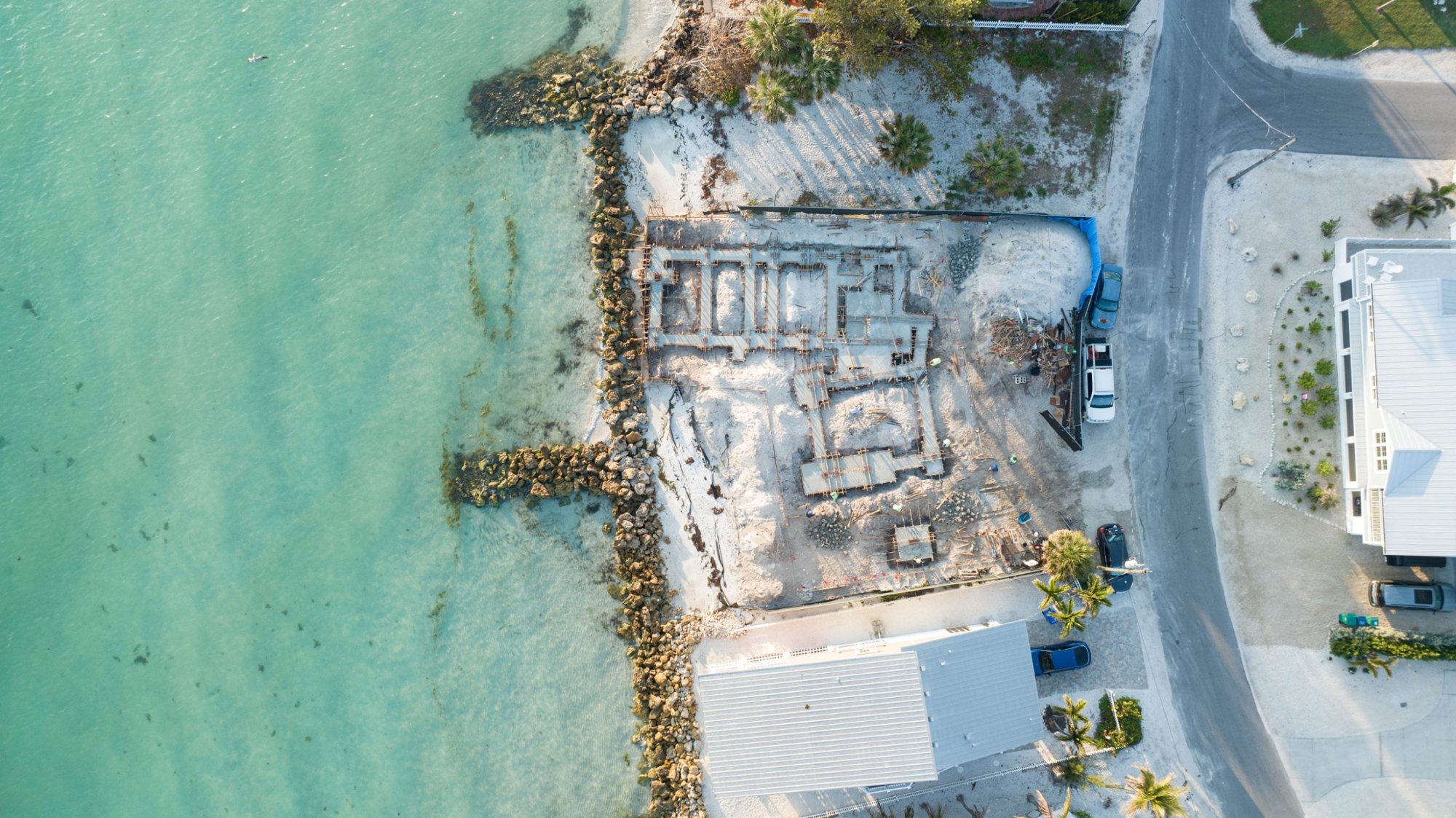 Overhead view of the foundation formed and reinforced beside the rock revetment