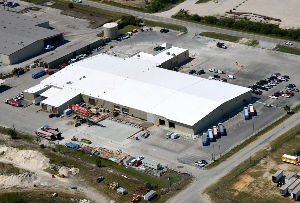 Aerial view of the Bernie Little Distributors center in Lakeland during its renovation and expansion by Ross Built, 2013