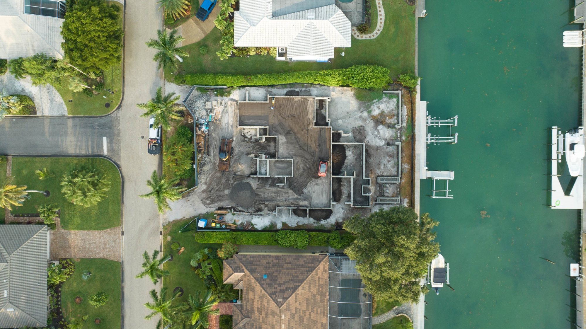 Overhead view of the foundation and stem walls on the canal-front lot