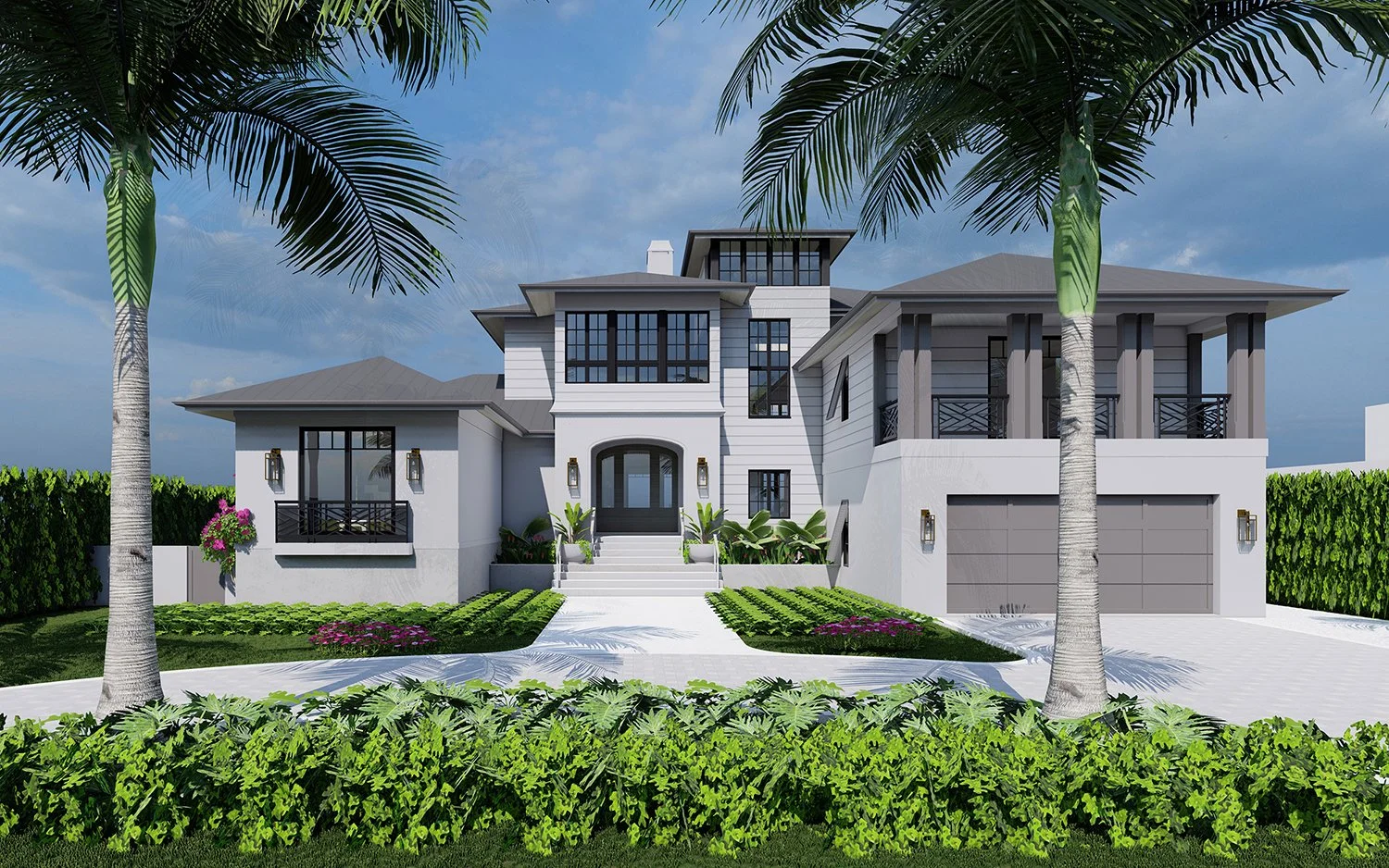 Rendering of Bird Key Coastal from the street, a two-story coastal home in Sarasota