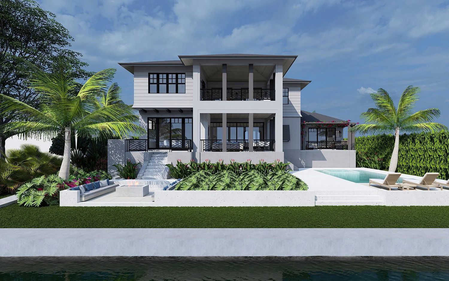 Rendering of the rear of Bird Key Coastal with its covered terrace and pool
