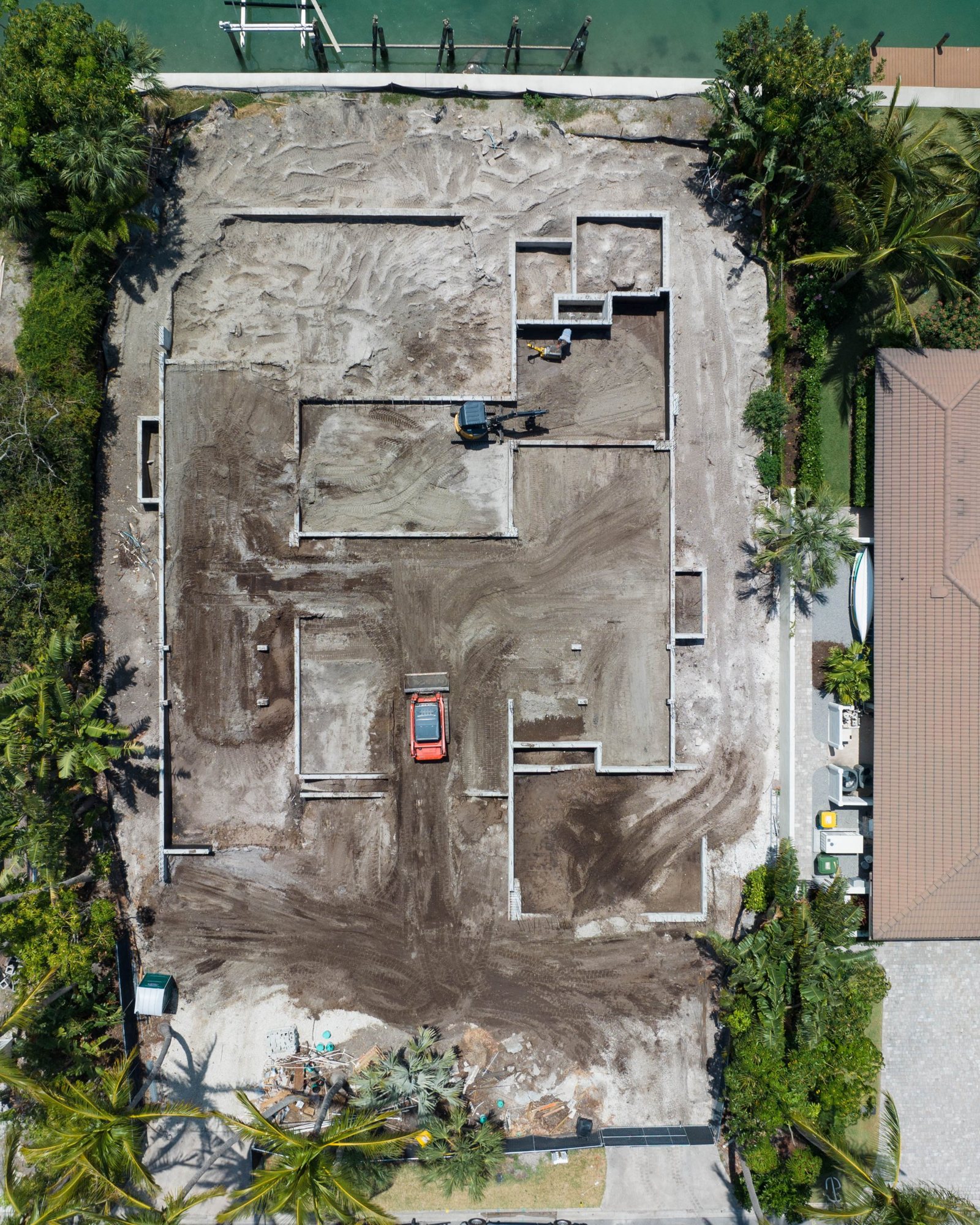 Overhead view of the foundation walls laid out on the lot