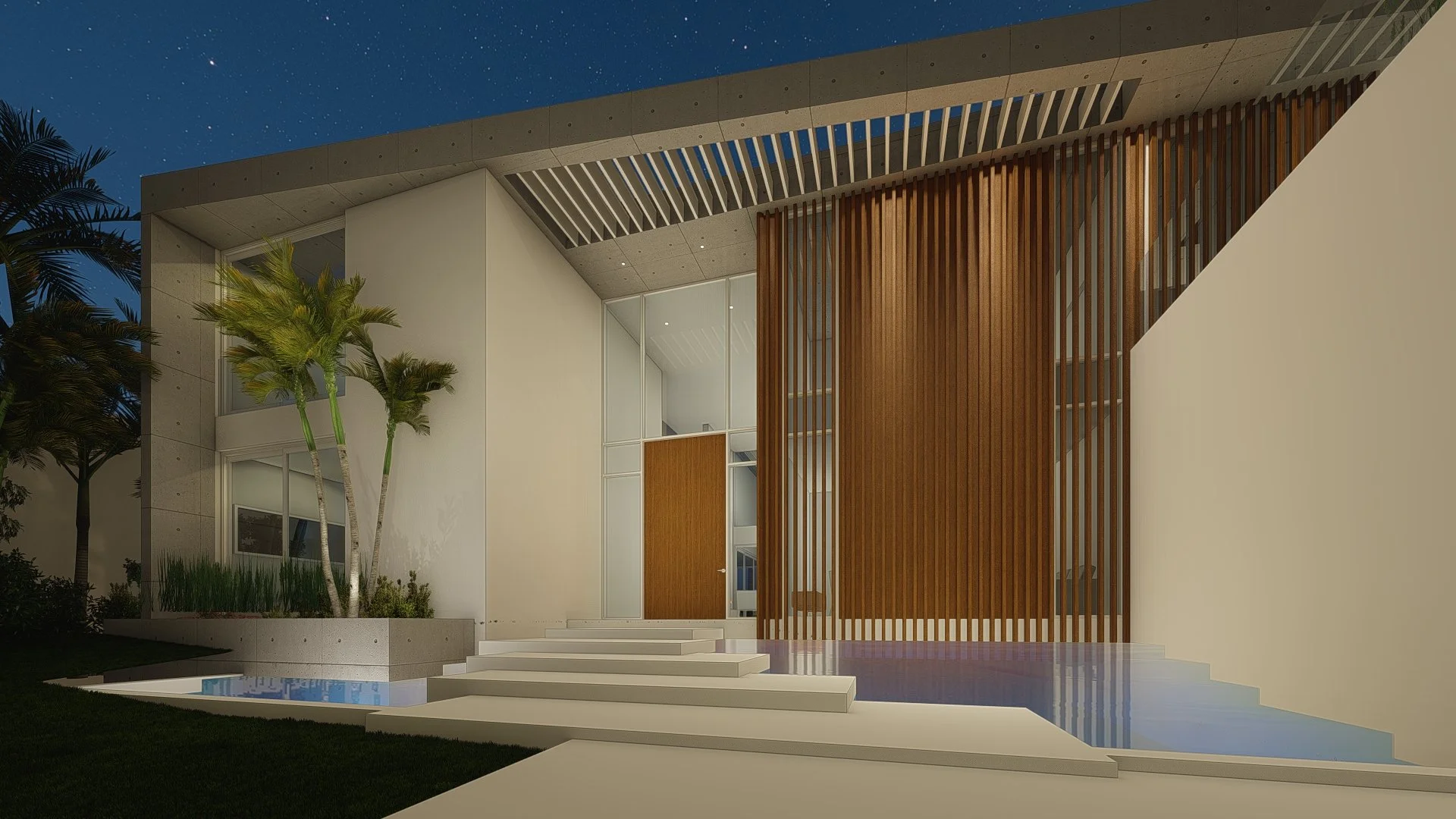 Rendering of the entry at Bird Key Modern with wood slats and a reflecting pool