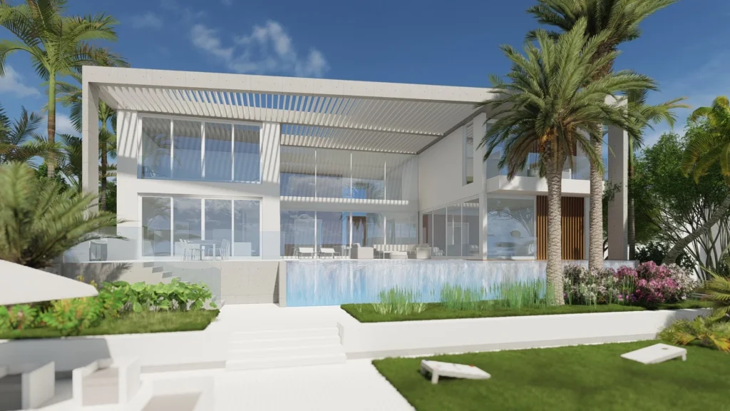 Rendering of the rear of Bird Key Modern with its infinity-edge pool