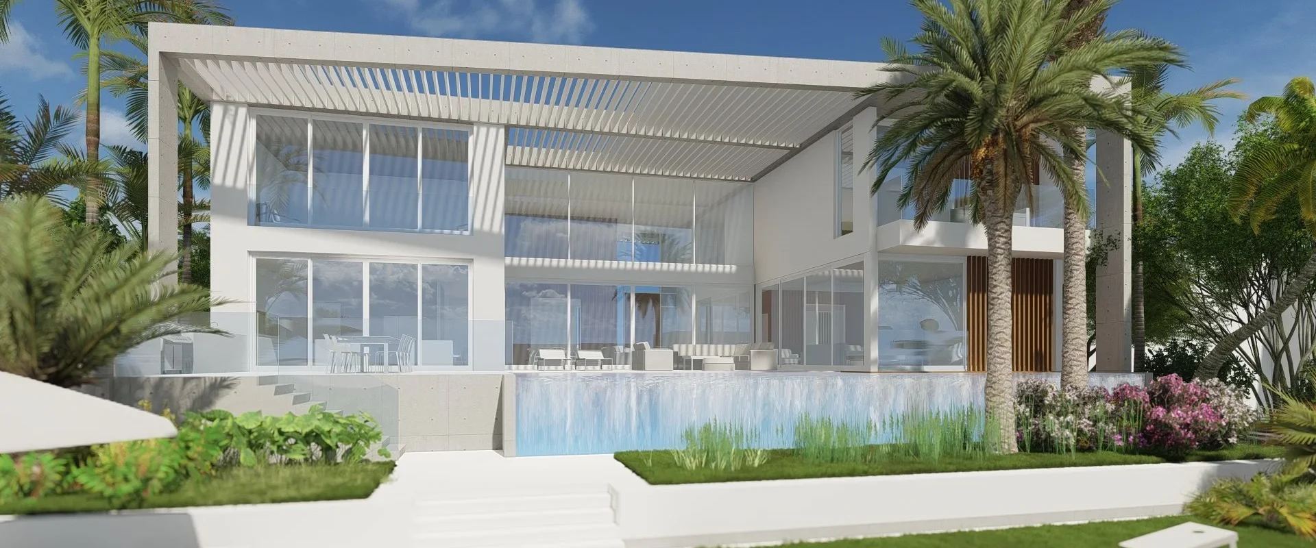Rendering of the rear of Bird Key Modern with its infinity-edge pool