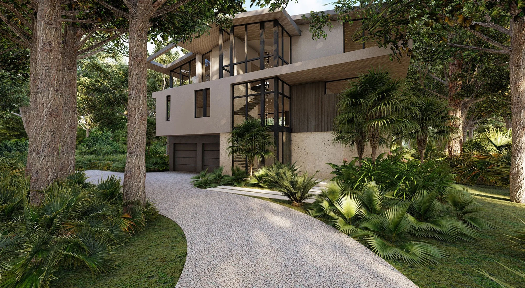 Rendering of Braden River Modern from the drive, set among mature oaks