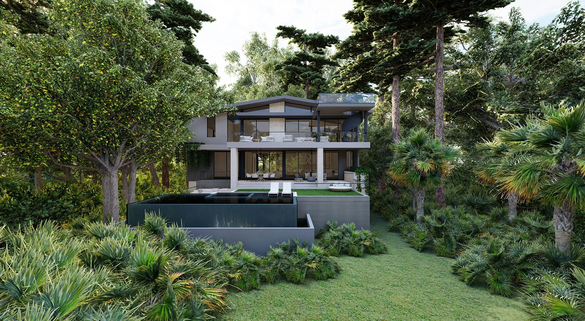 Rendering of Braden River Modern from the lawn with the infinity-edge pool