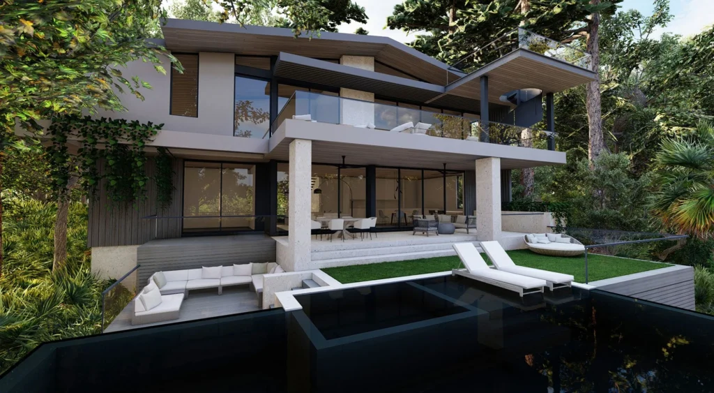 Rendering of the rear of Braden River Modern with its raised pool and terraces