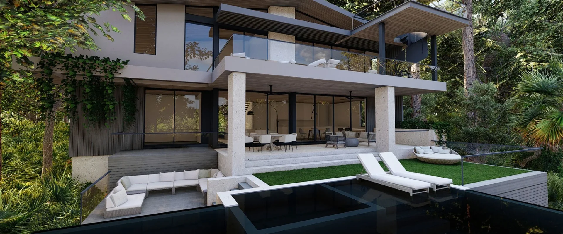 Rendering of the rear of Braden River Modern with its raised pool and terraces