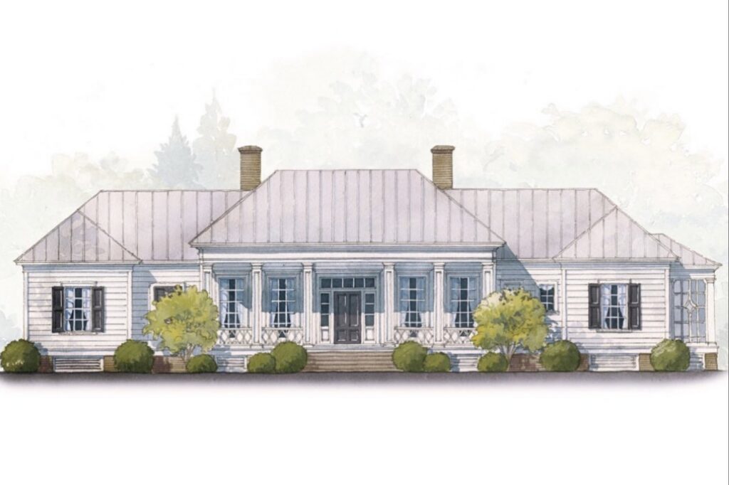 Watercolor front elevation of a private residence in Bradenton with a metal roof, twin chimneys and a columned front porch