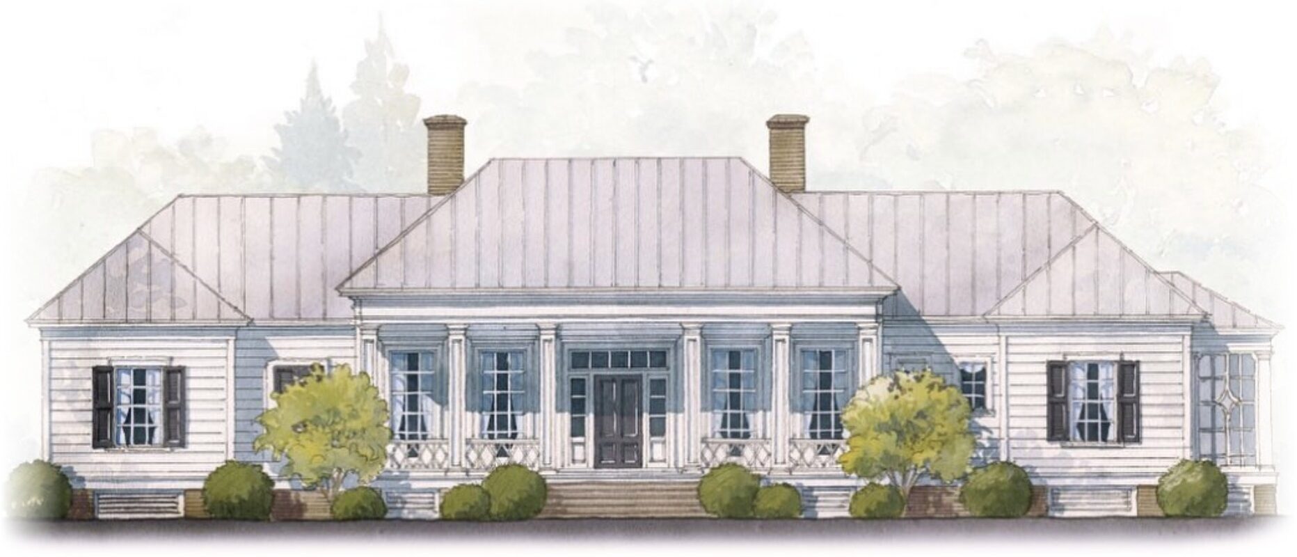 Watercolor front elevation of a private residence in Bradenton with a metal roof, twin chimneys and a columned front porch