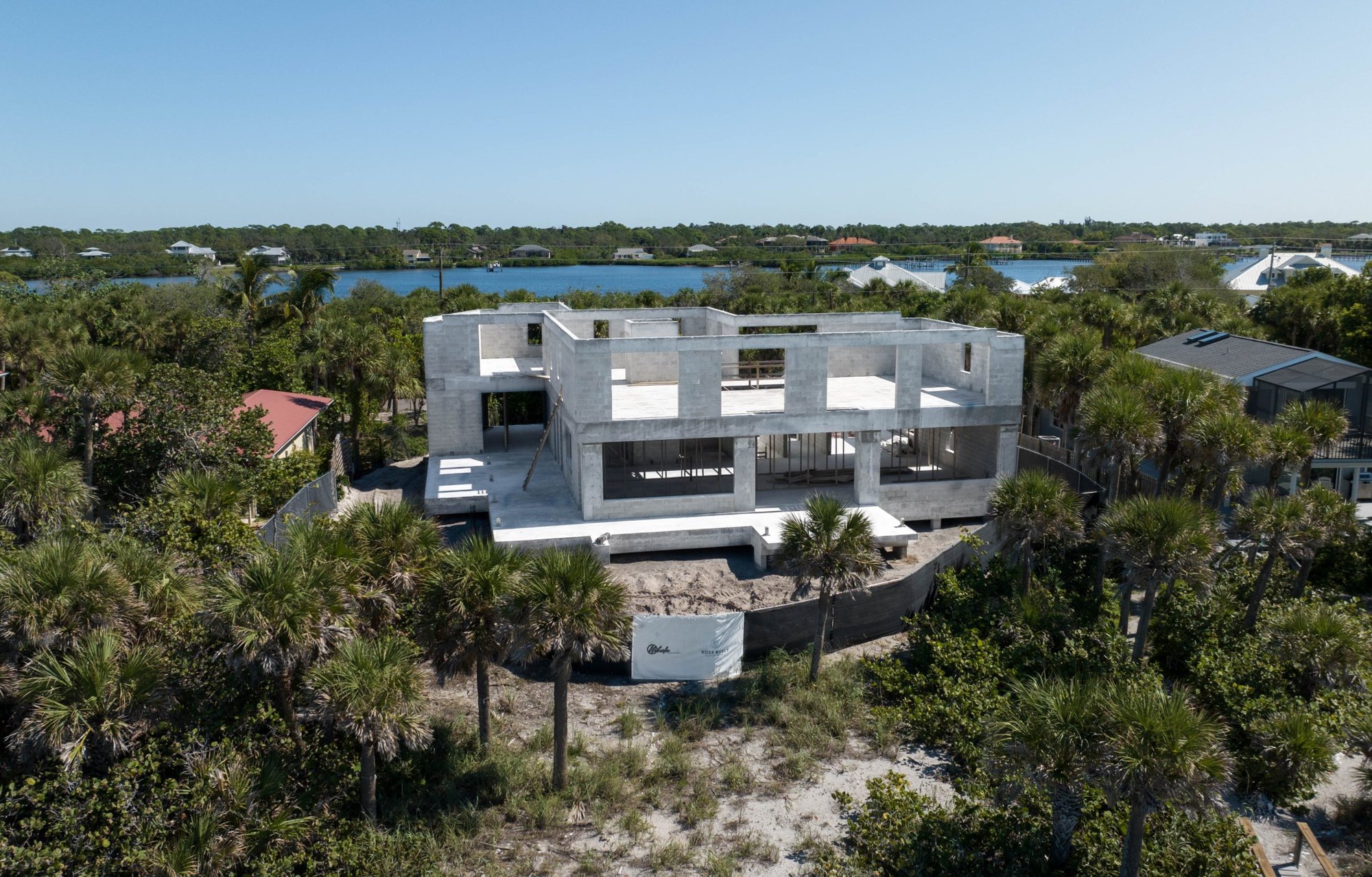 Aerial view of the concrete shell from the dunes
