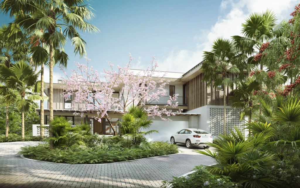 Rendering of DC Retreat from the drive, a wood-clad home on Manasota Key