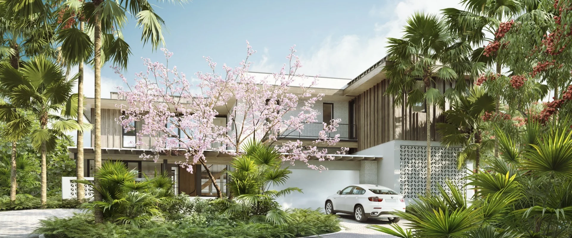 Rendering of DC Retreat from the drive, a wood-clad home on Manasota Key