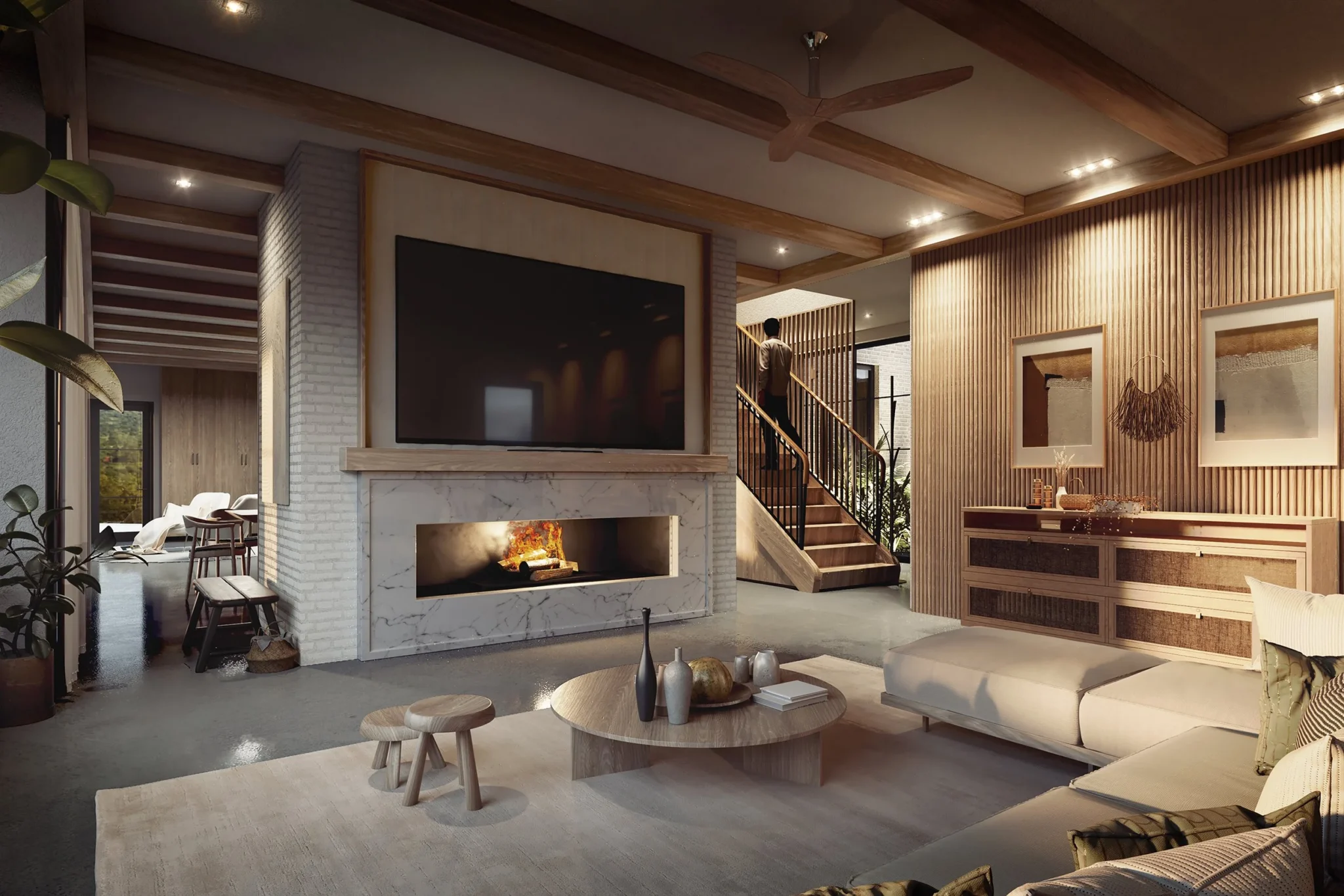 Rendering of the living room at DC Retreat with exposed timber beams