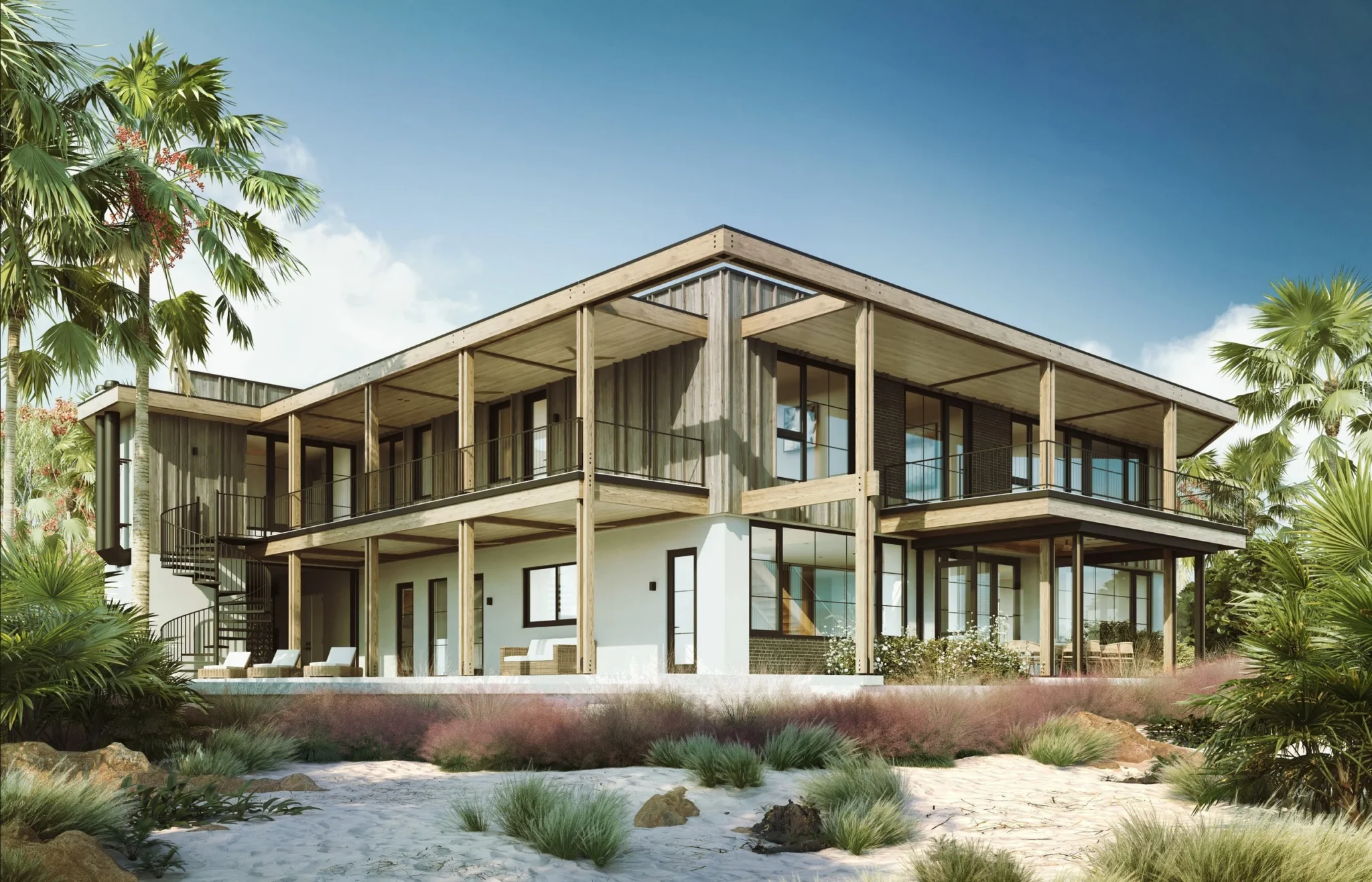 Rendering of the rear of DC Retreat with two levels of covered porches facing the dunes