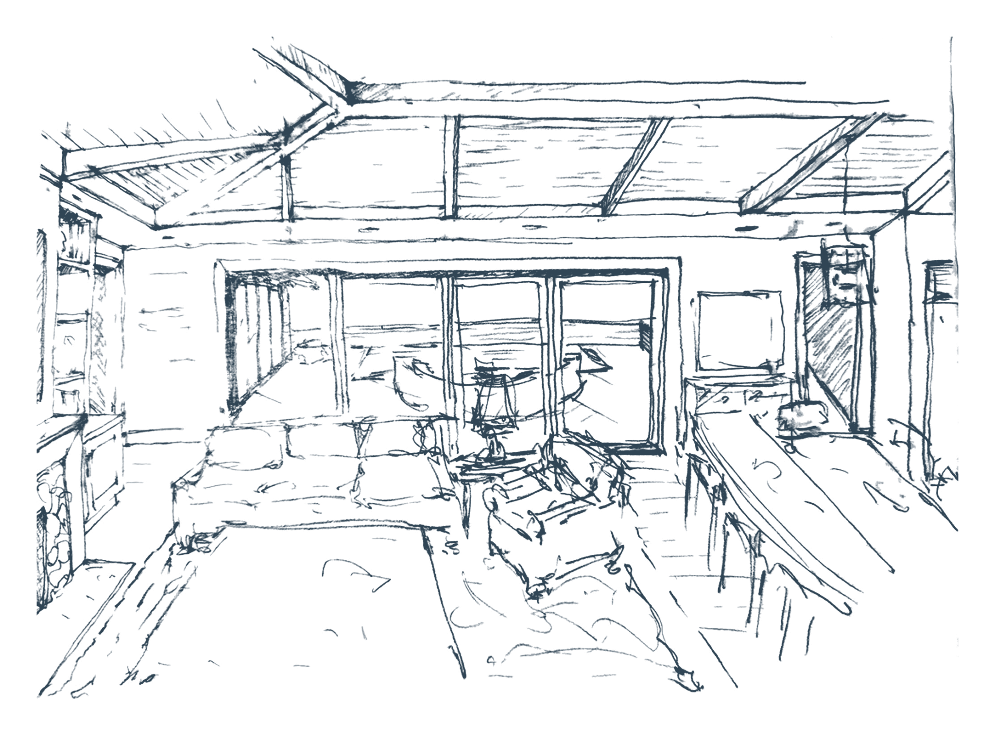 Hand-drawn perspective of the living room by Deneece Harrell, Studio DH: a beamed tongue-and-groove ceiling, built-in shelves beside the fireplace, and sliding doors opening to the water