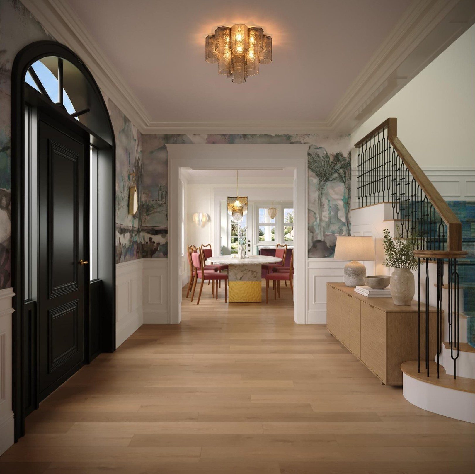 Concept rendering of the entry foyer at Earle Estate with an arched black door and mural wallcovering, by Sagrada Studio