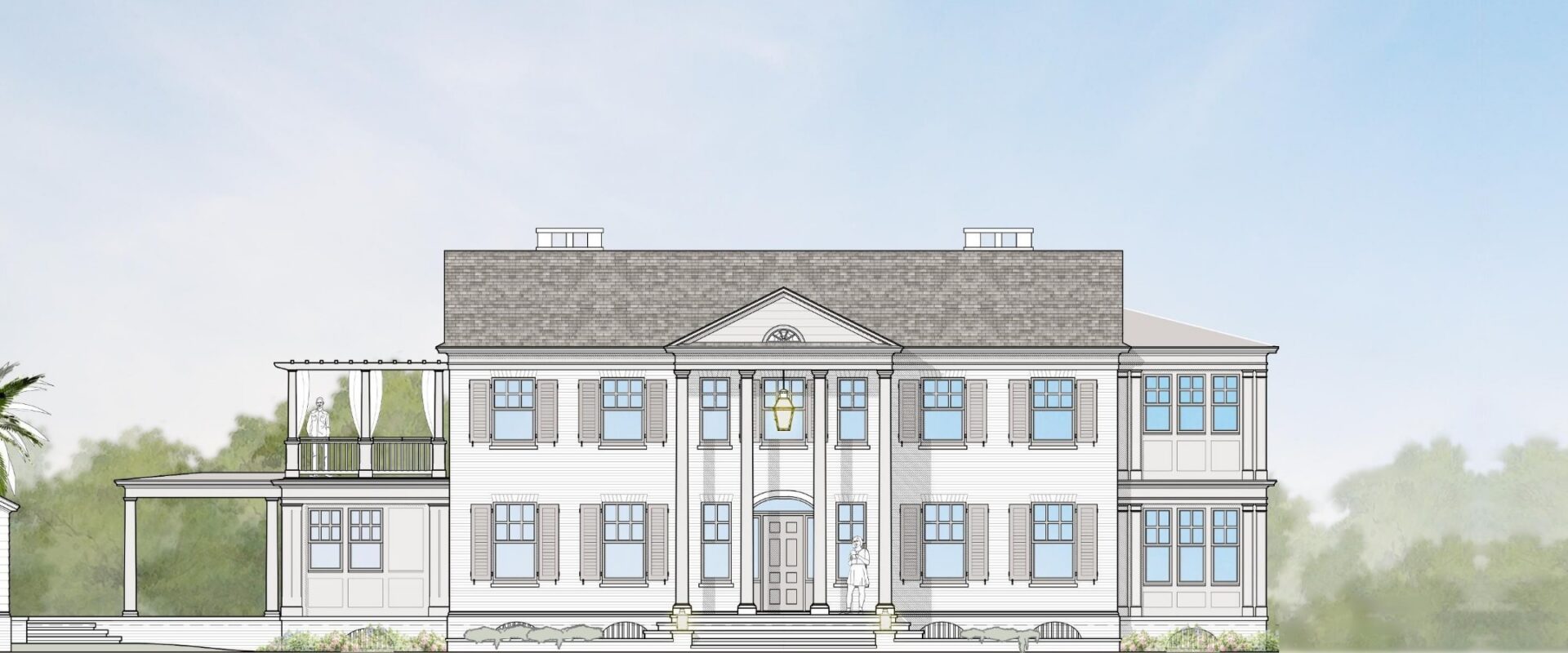 Proposed front elevation of Earle Estate, a Georgian Revival home on the Sarasota bayfront, drawn by Cooper Johnson Smith Peterson Architects