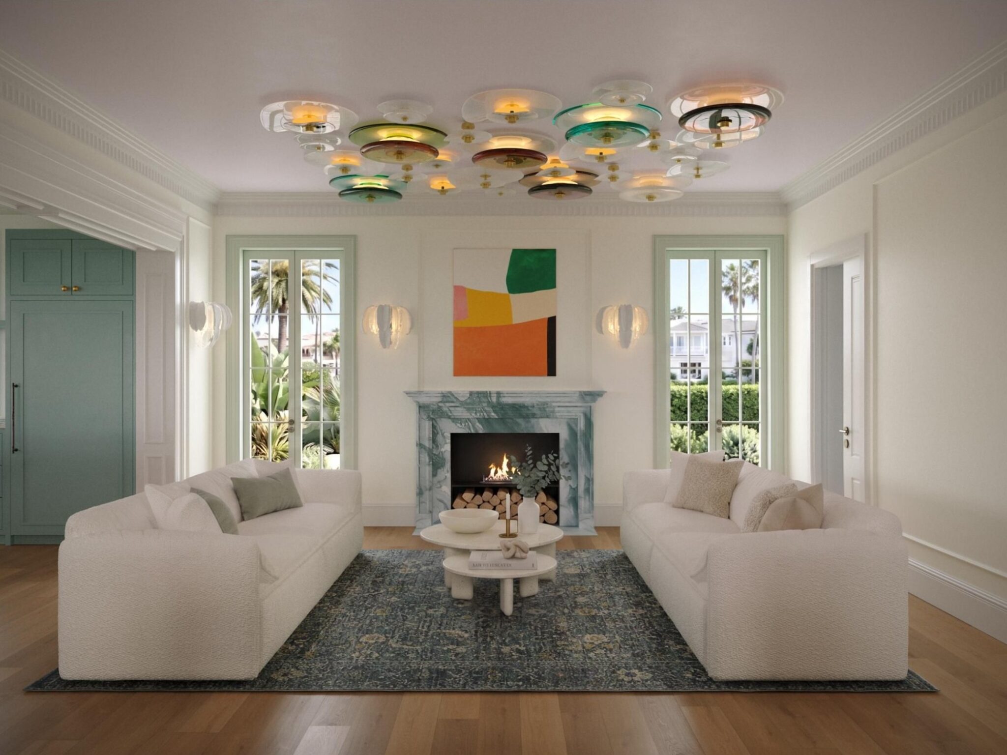 Concept rendering of the great room at Earle Estate with a marble fireplace and glass ceiling fixture, by Sagrada Studio