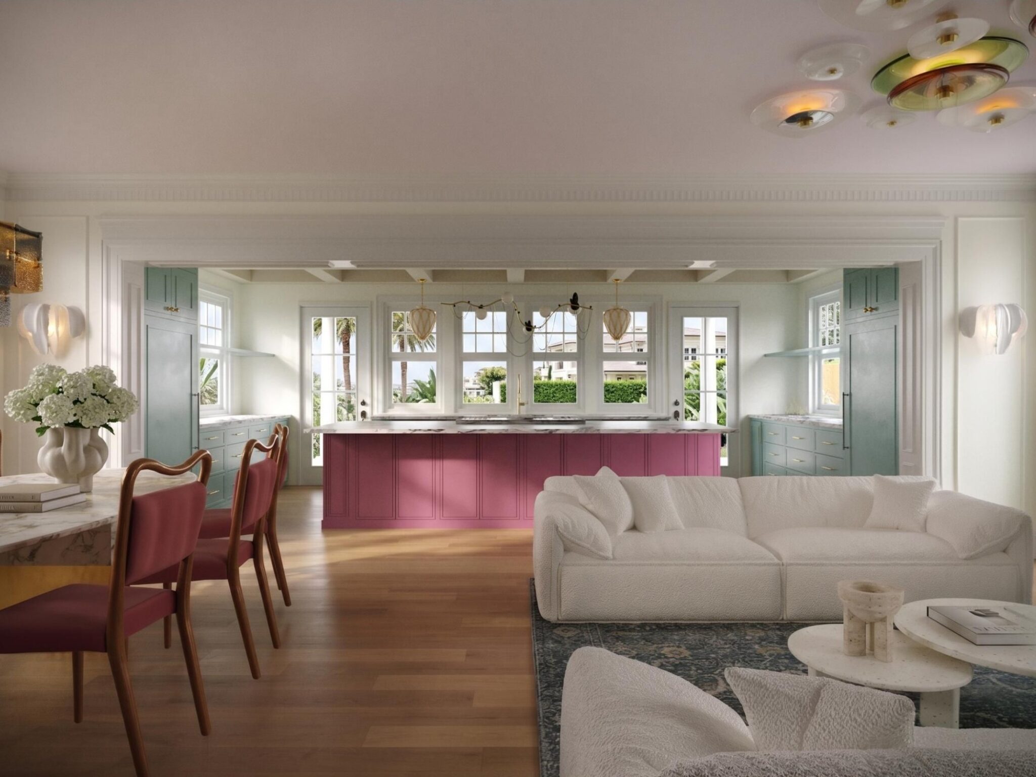 Concept rendering looking from the great room to the kitchen at Earle Estate, by Sagrada Studio