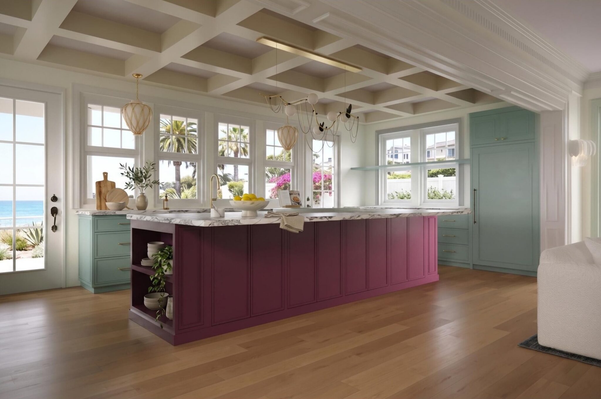 Concept rendering of the kitchen at Earle Estate with a coffered ceiling and plum island, by Sagrada Studio