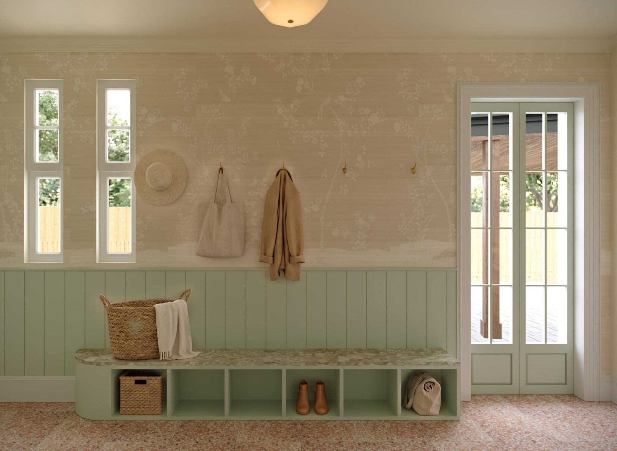 Concept rendering of the mud room at Earle Estate with a built-in bench and terrazzo floor, by Sagrada Studio