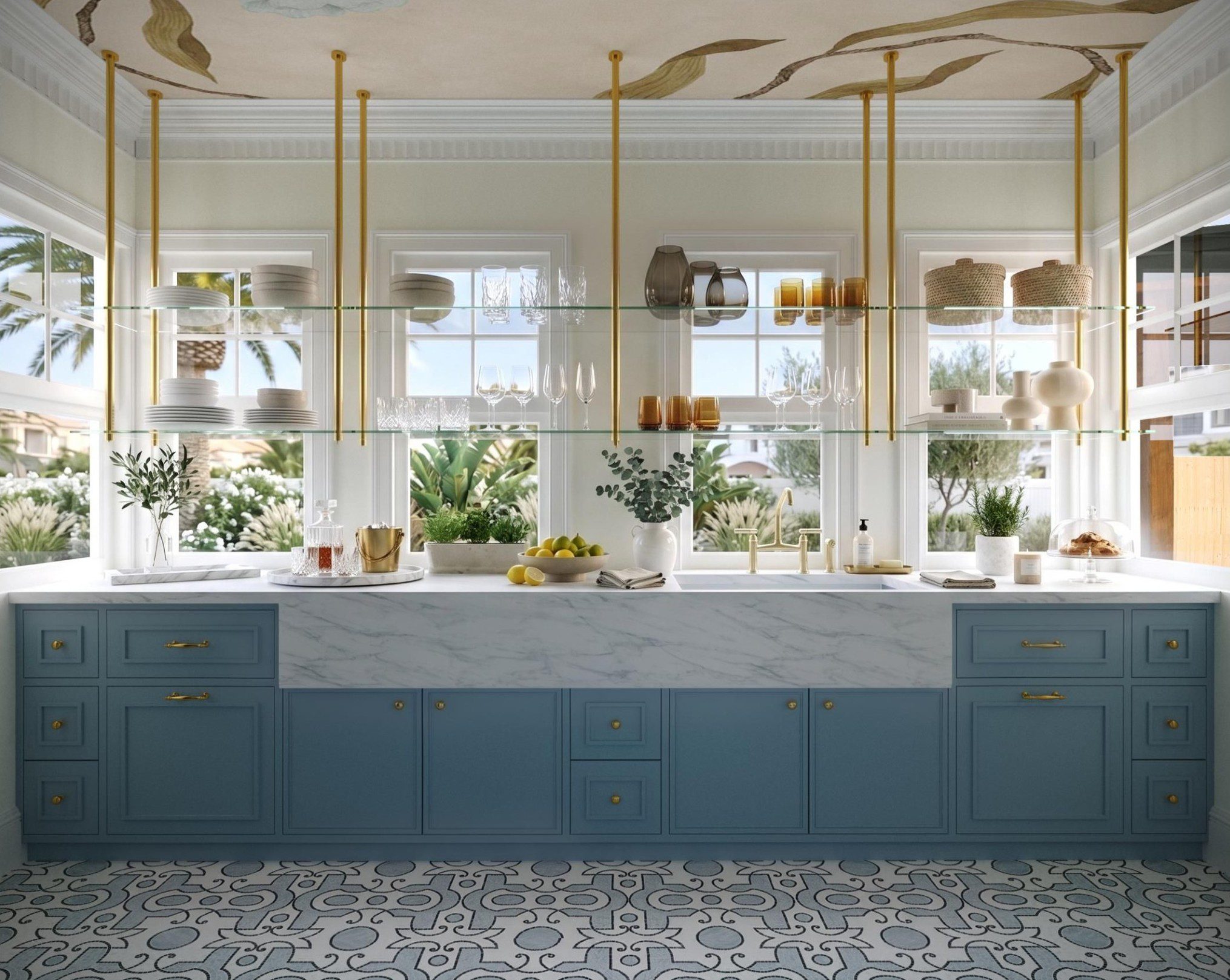 Concept rendering of the pantry at Earle Estate with blue cabinetry, brass and glass shelving and a painted ceiling, by Sagrada Studio