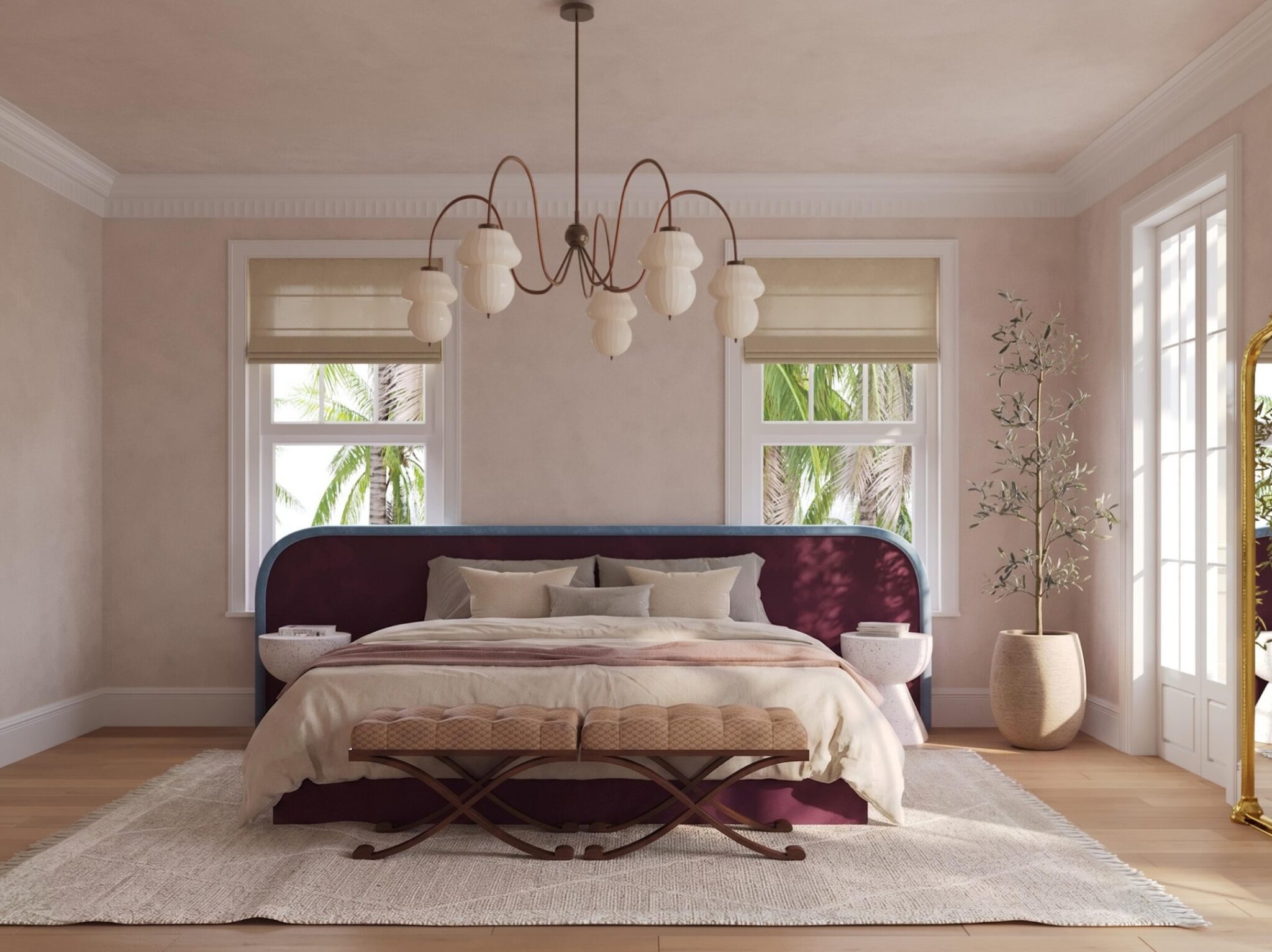 Concept rendering of the primary bedroom at Earle Estate, by Sagrada Studio