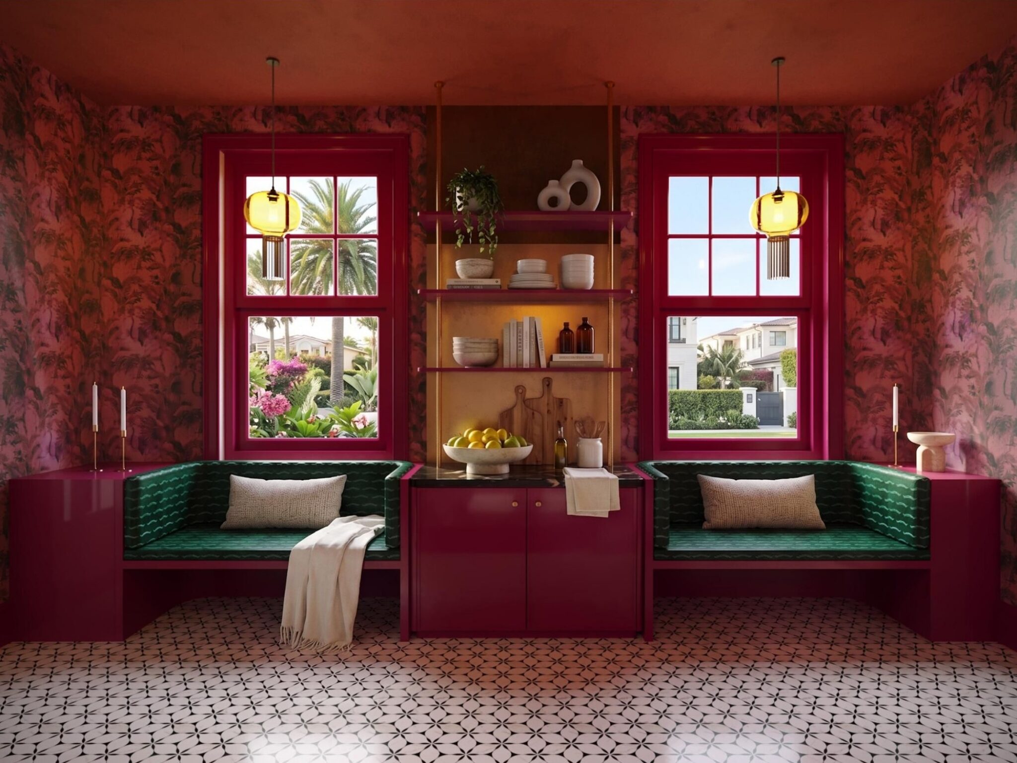 Concept rendering of the wine hall at Earle Estate with crimson millwork and green banquettes, by Sagrada Studio