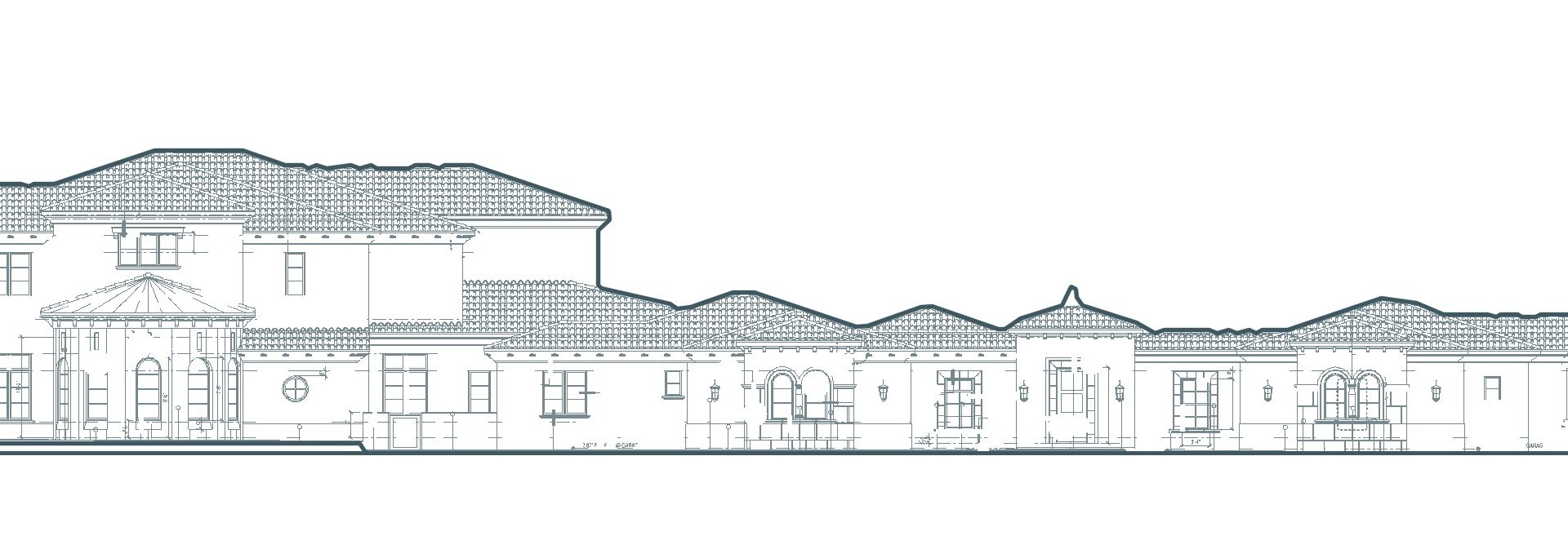 Front elevation drawing of Lakewood Ranch Estate from end to end: main residence, guest and garage wings and sports wing