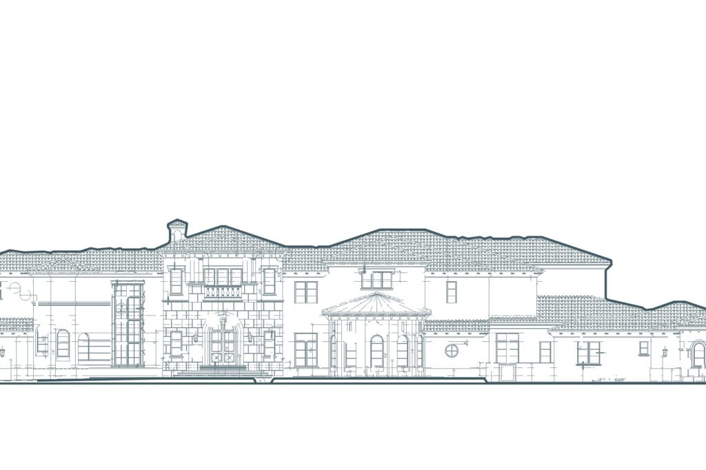 Front elevation drawing of the main entry of Lakewood Ranch Estate, a custom home completed by Ross Built