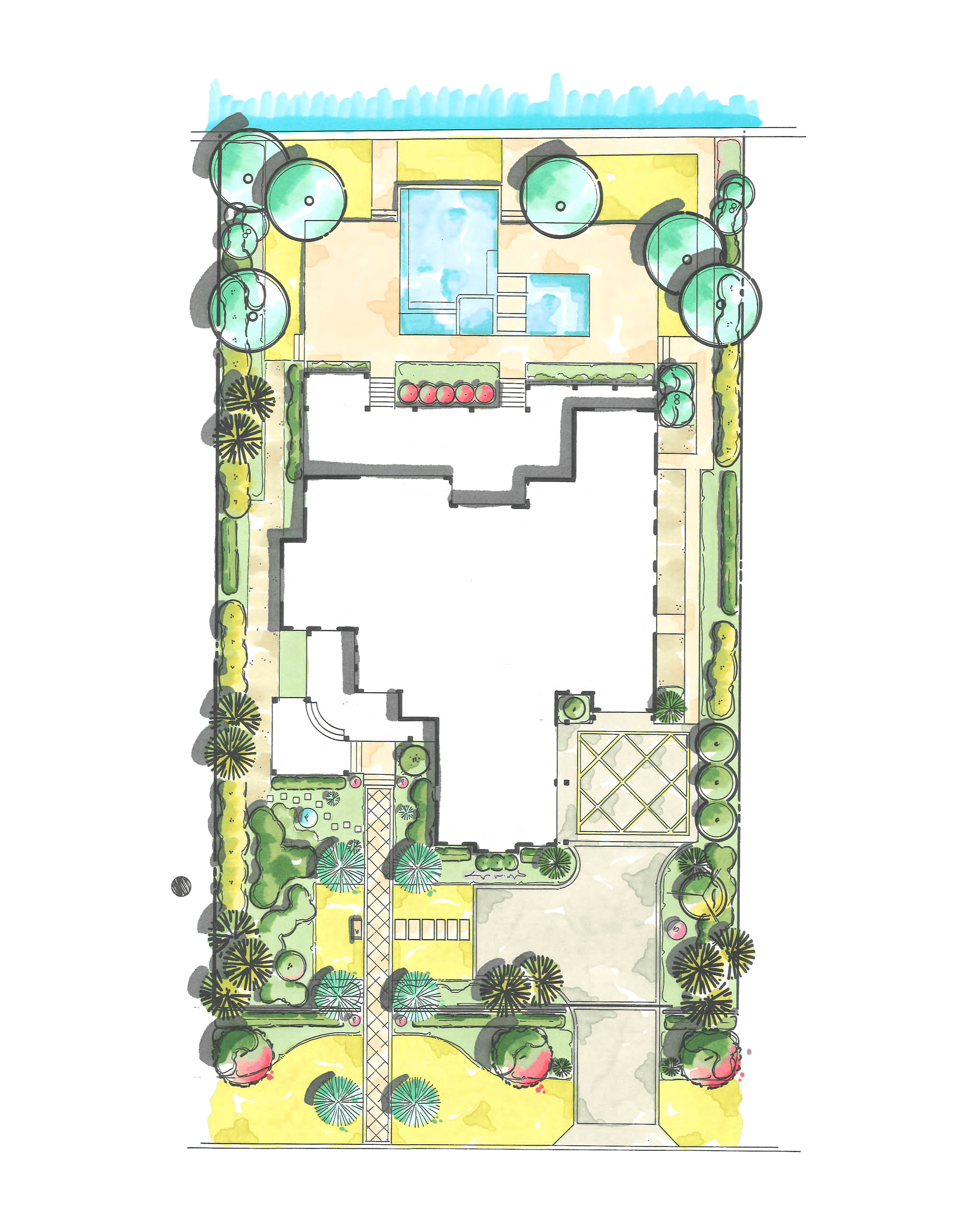 Hand-colored landscape concept plan for the Lido Key Residence by Michael A. Gilkey, Inc., showing the pool terrace, gardens and entry court