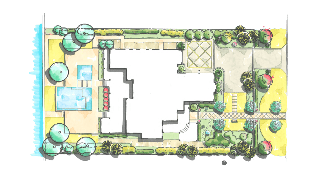 Hand-colored landscape concept plan for the Lido Key Residence by Michael A. Gilkey, Inc., showing the pool terrace, gardens and entry court