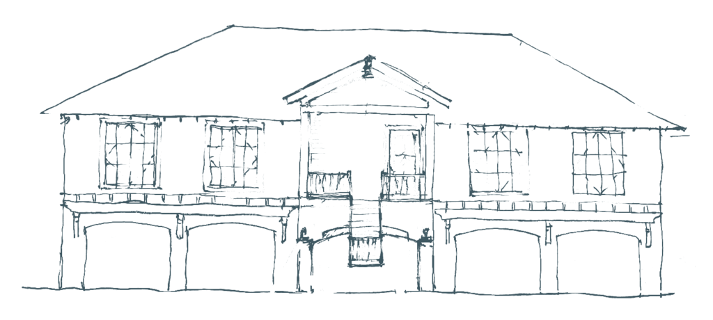 Hand-drawn front elevation of the Longboat Key Bayfront home by interior designer Studio DH, early in design
