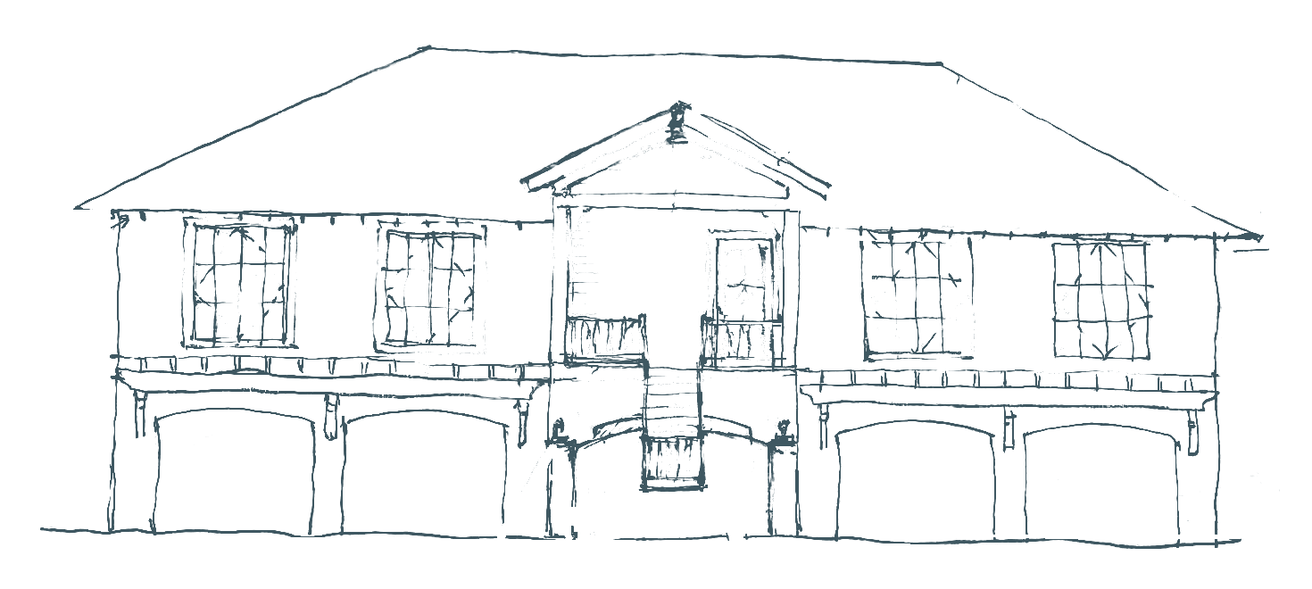 Hand-drawn front elevation of the Longboat Key Bayfront home by interior designer Studio DH, early in design