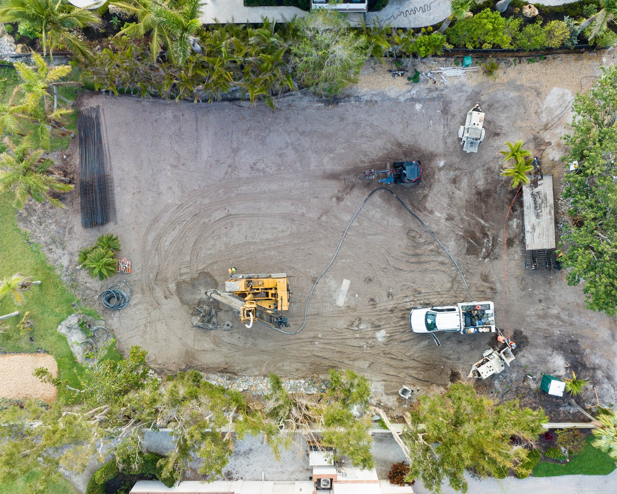 Overhead view of the drill rig installing foundation piles