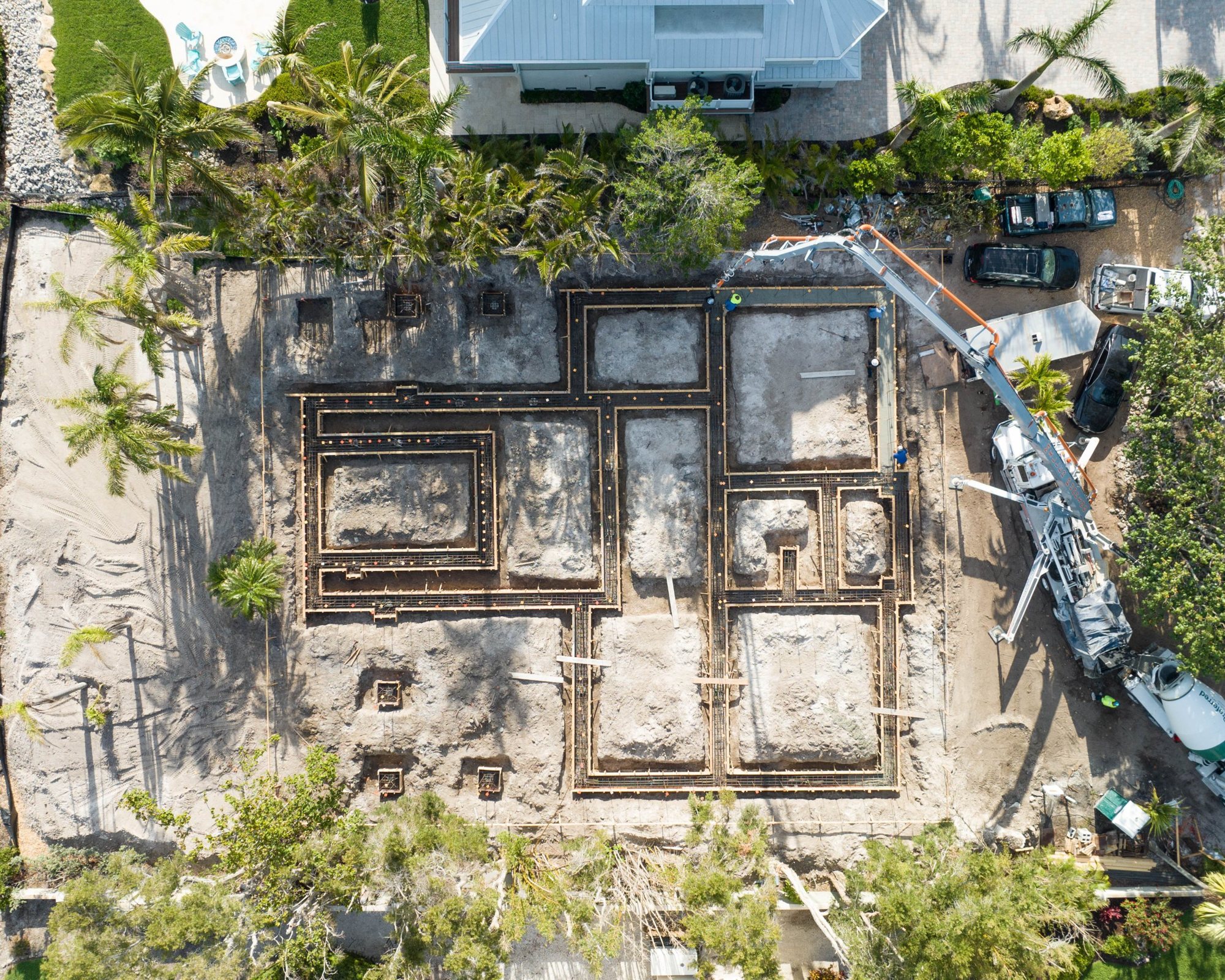 Overhead view of the concrete pump placing the foundation