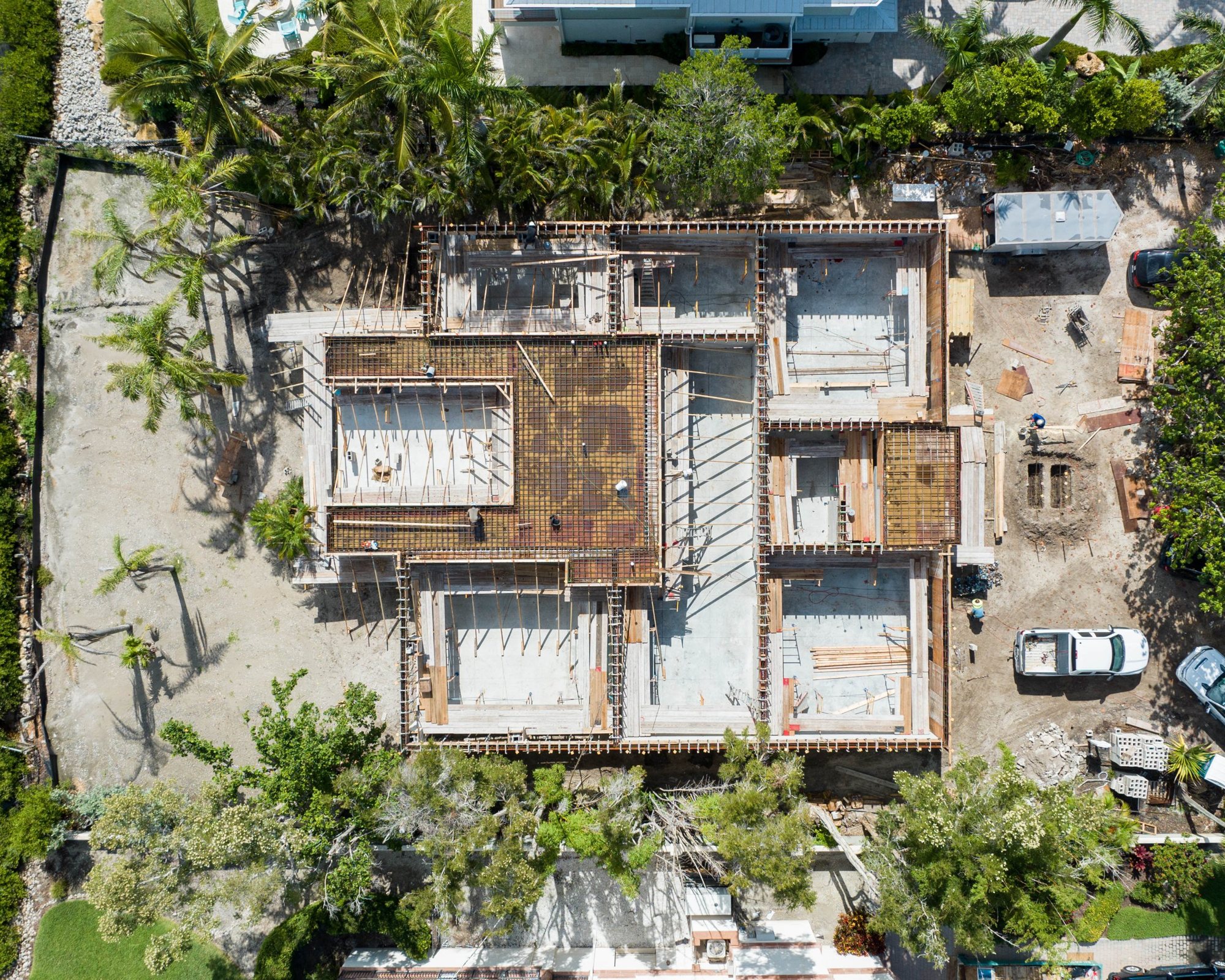 Overhead view of the elevated first floor slab formed and reinforced