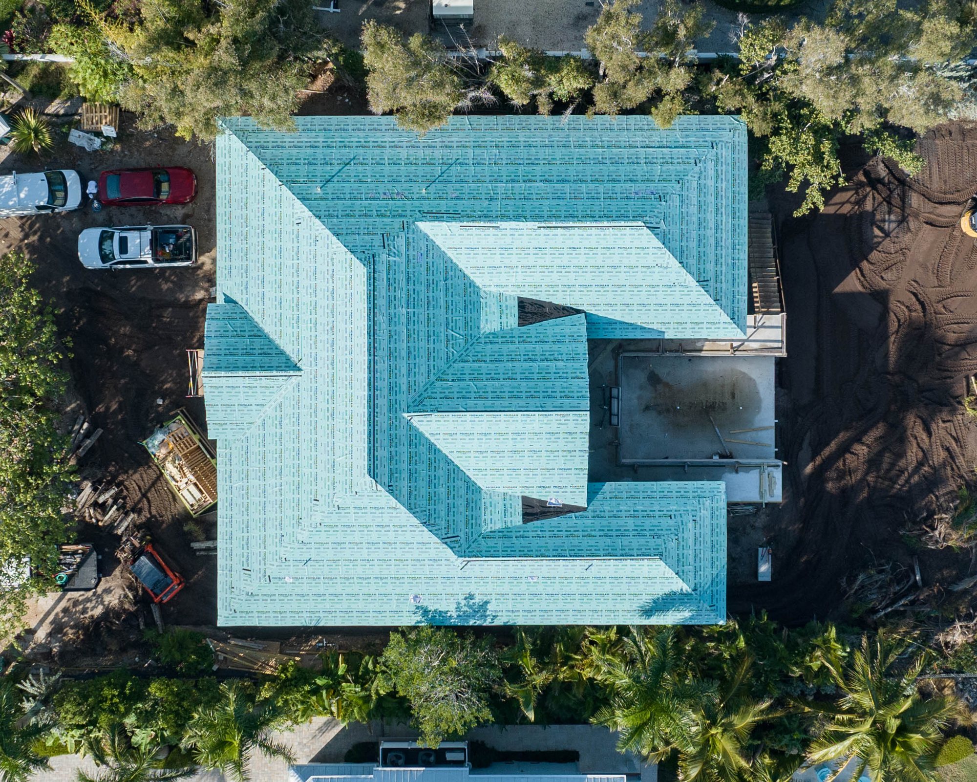 Overhead view of the roof dried in with underlayment